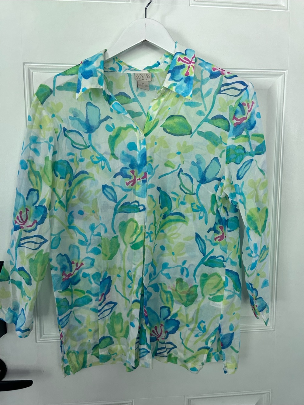 Sigrid Olsen Sheer Floral Button-Down in Blue, Green & Pink Accents
